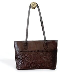 Alexis David Hand Tooled Brown Leather Tote Bag Floral Embossed Mexican Artisan